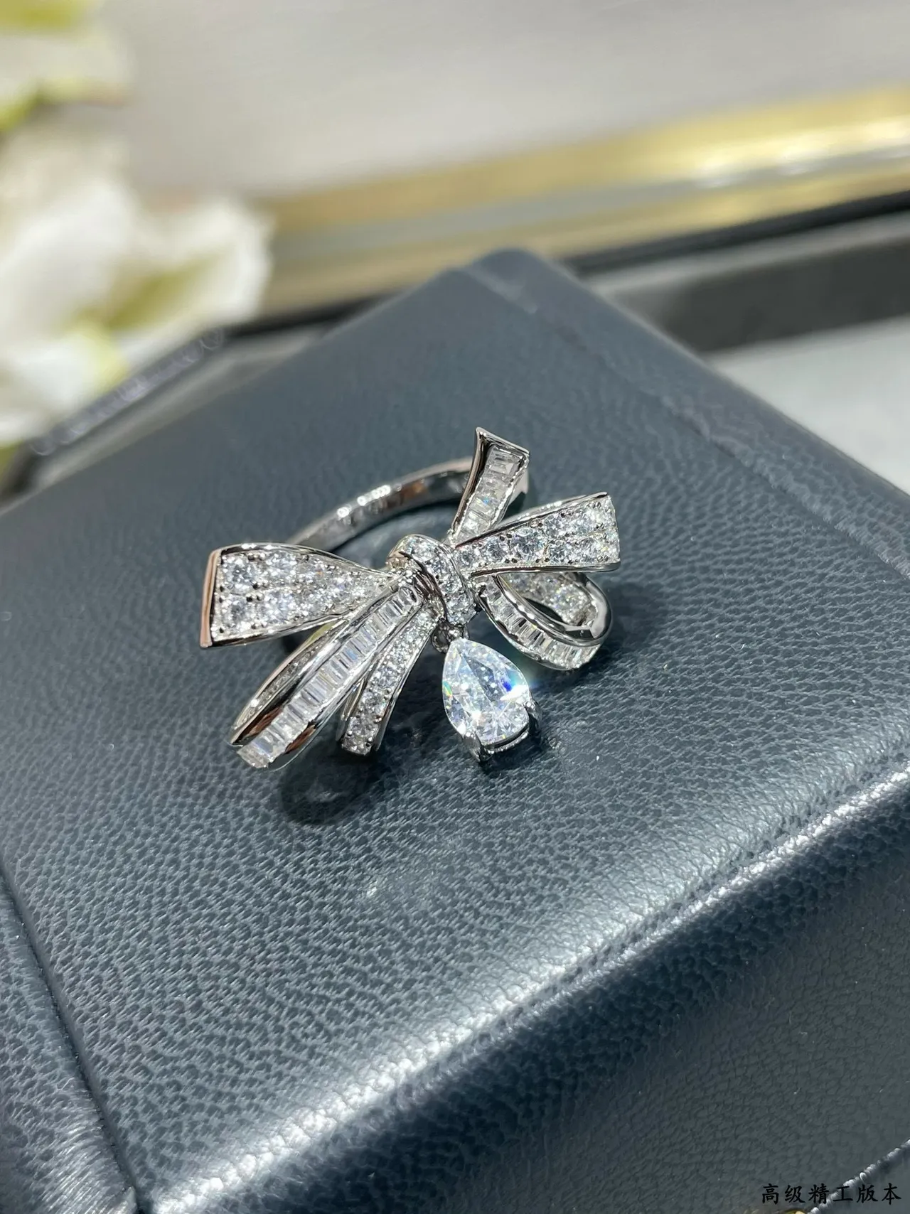 Bow Motif Pavé-Set Teardrop Pendant Ring 2
