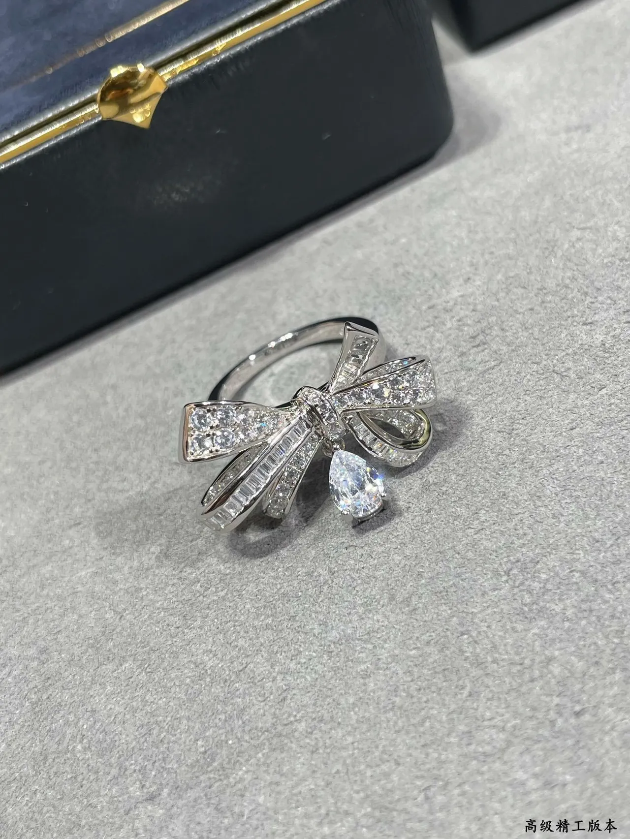 Bow Motif Pavé-Set Teardrop Pendant Ring 3