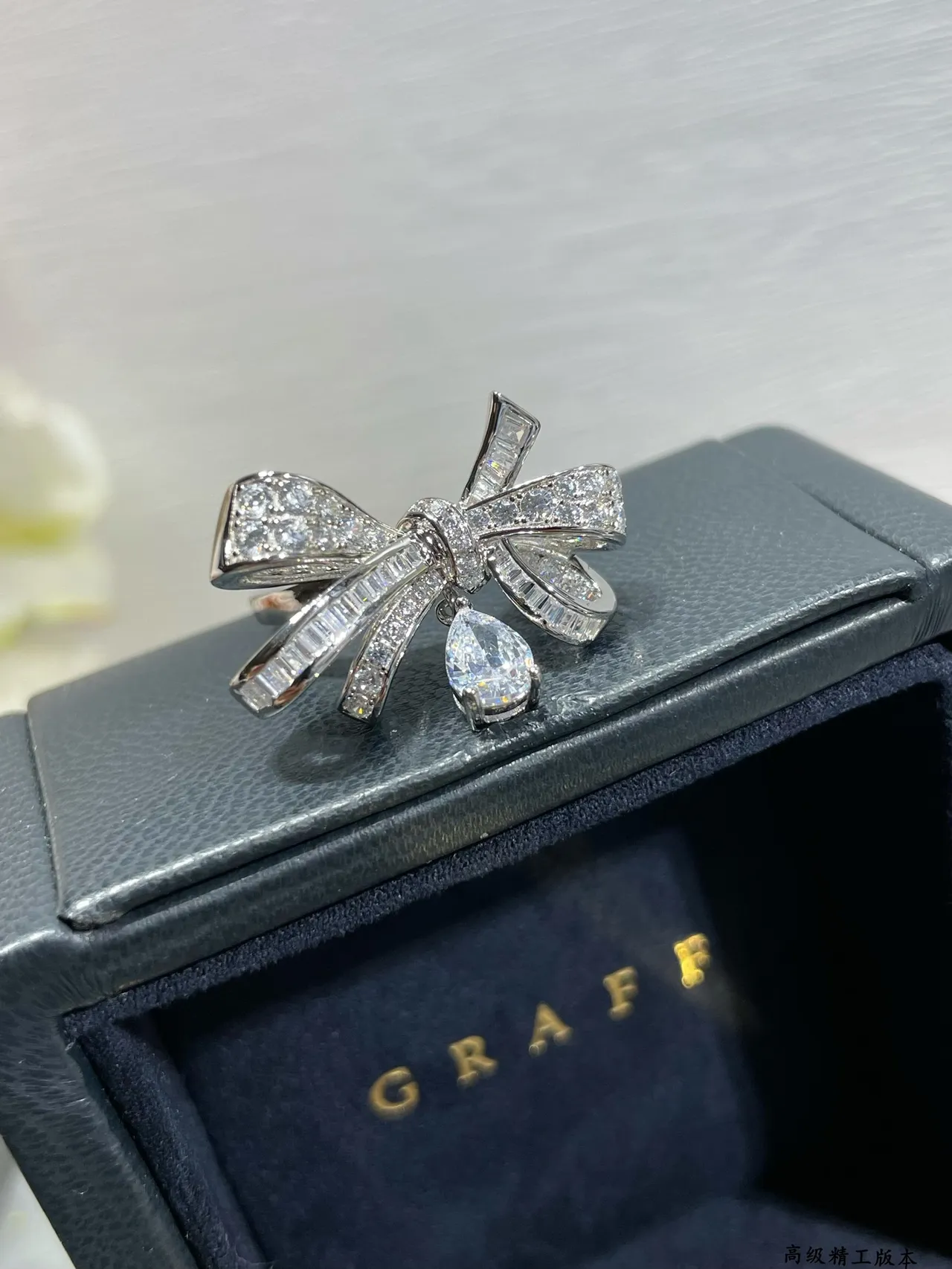 Bow Motif Pavé-Set Teardrop Pendant Ring 5