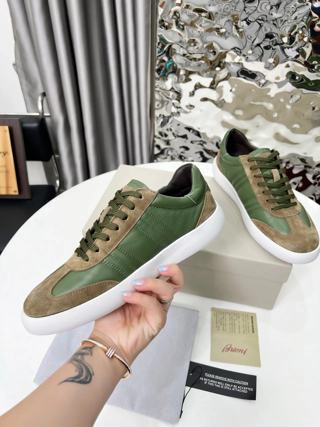 Brioni Olive Green and Tan Suede Lifestyle Sneakers 5