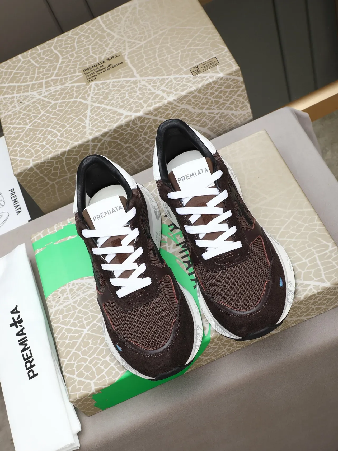 Brown and White Mixed-Material Retro Runner Sneaker 2