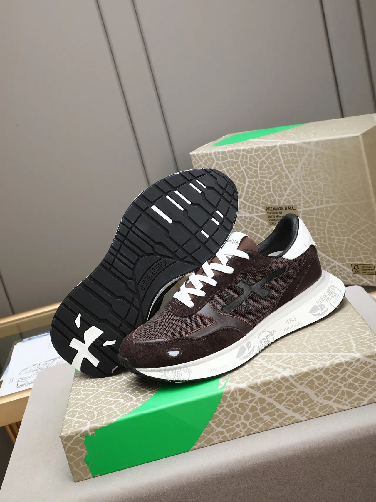 Brown and White Mixed-Material Retro Runner Sneaker 4