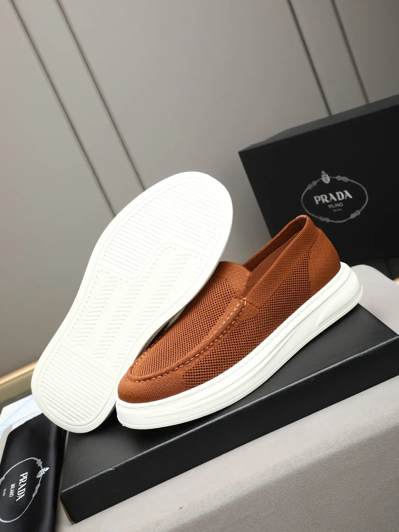 Brown Beige Knit Mesh Upper Platform Sole Loafer 4