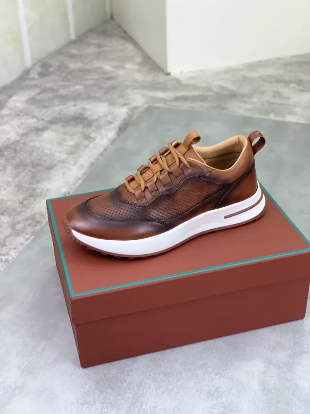 Brown Beige Perforated Leather Contrast White Sole Sneakers 4