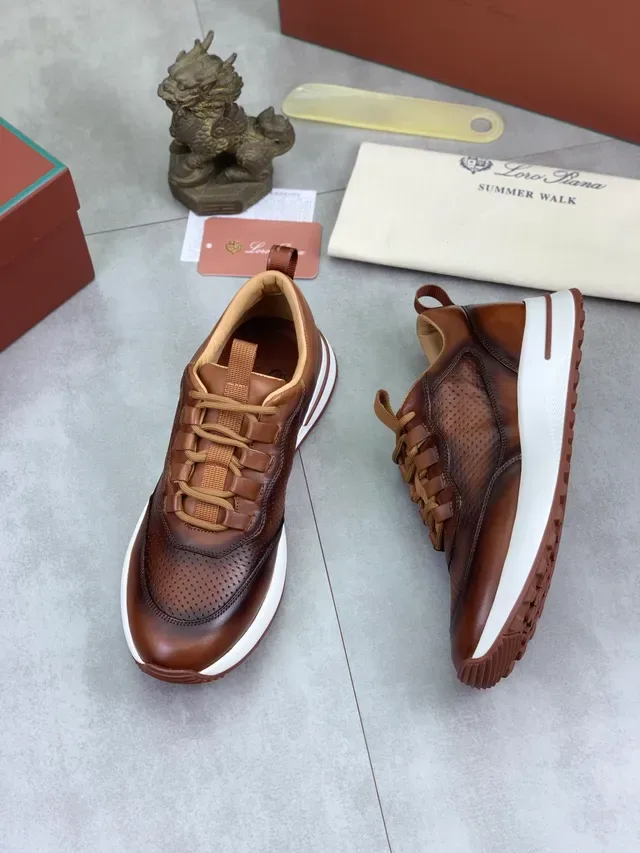 Brown Beige Perforated Leather Contrast White Sole Sneakers 5