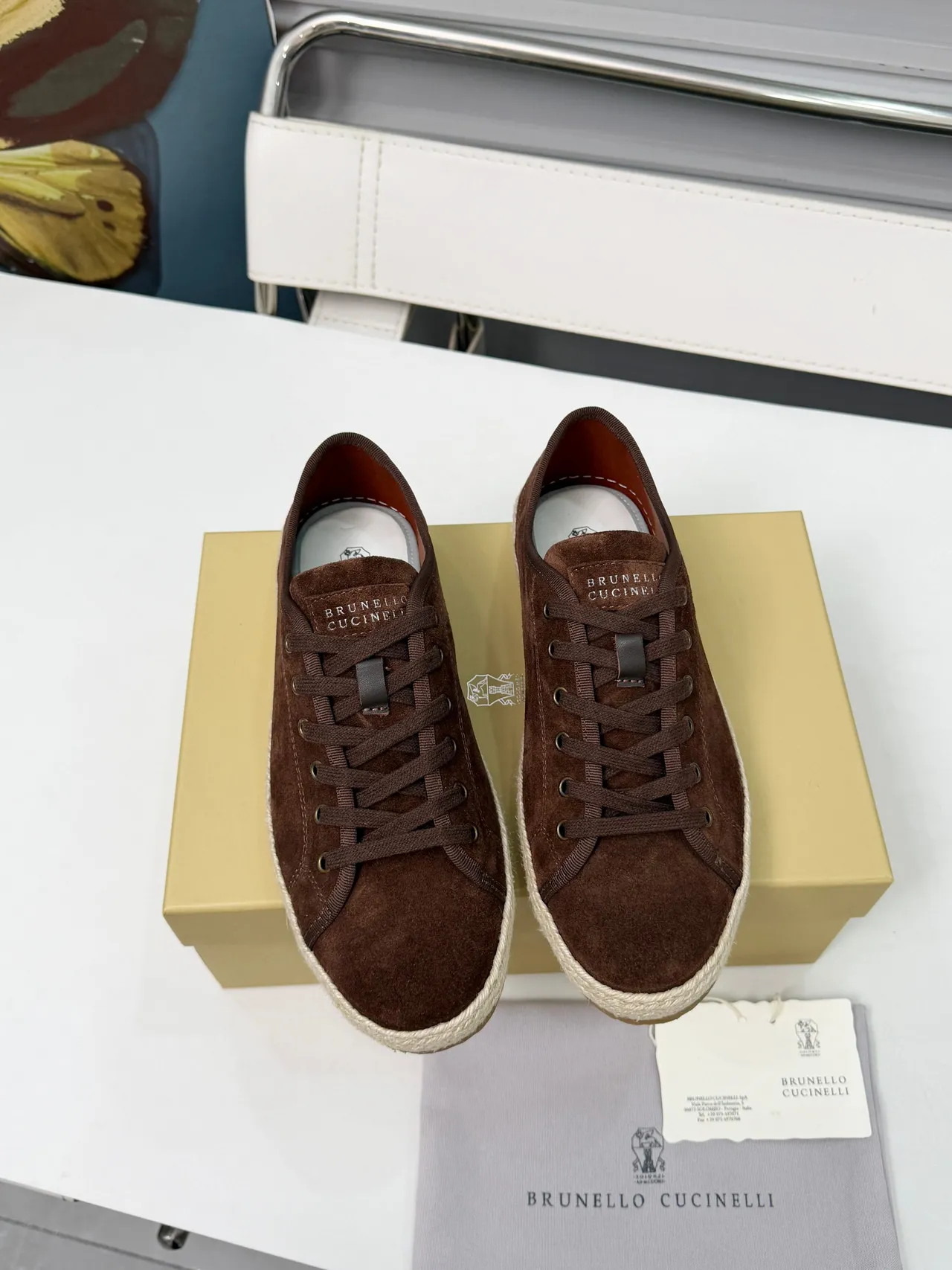 Brown Beige Suede Upper Jute-Wrapped Sole Boat Shoes 6