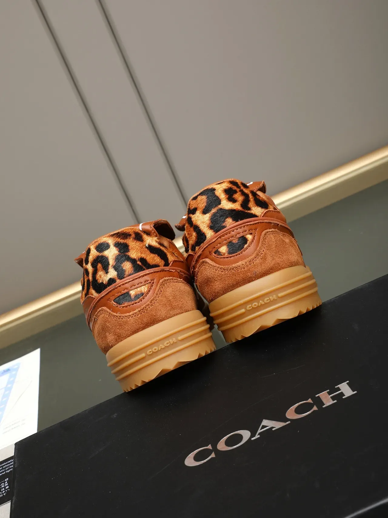 Brown Beige Tan Leather And Suede Upper Leopard-Print Heel Tab Sneakers 3