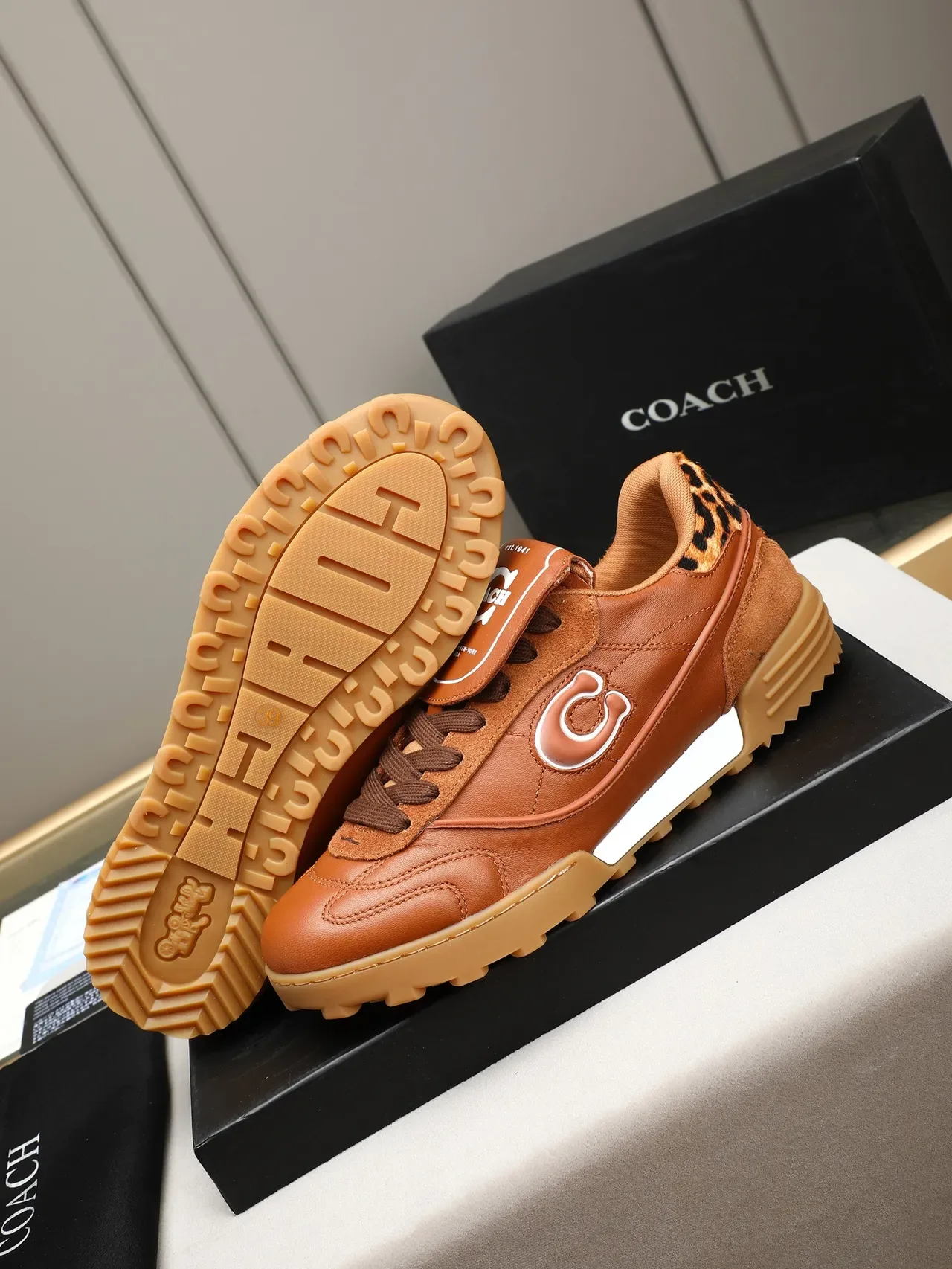 Brown Beige Tan Leather And Suede Upper Leopard-Print Heel Tab Sneakers 4