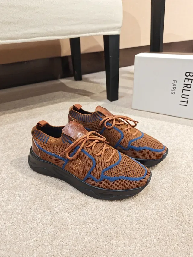 Brown Blue Knit Upper Contrast Piping Sneakers 4