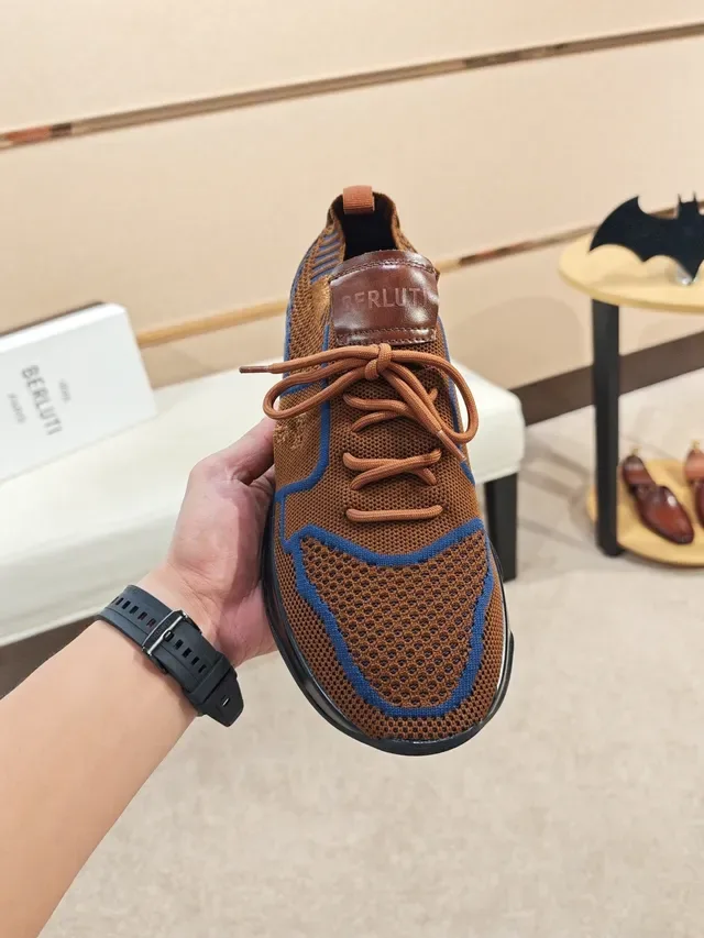 Brown Blue Knit Upper Contrast Piping Sneakers 5