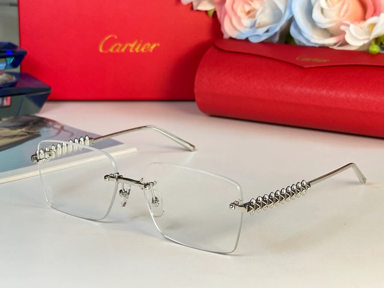 Brown Gold Rimless Square Silhouette Gradient Lenses Sunglasses 2