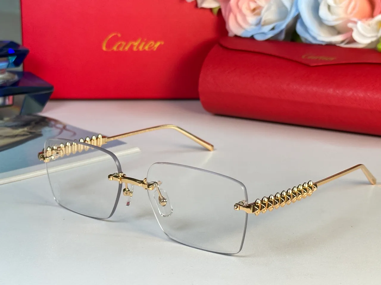 Brown Gold Rimless Square Silhouette Gradient Lenses Sunglasses 3