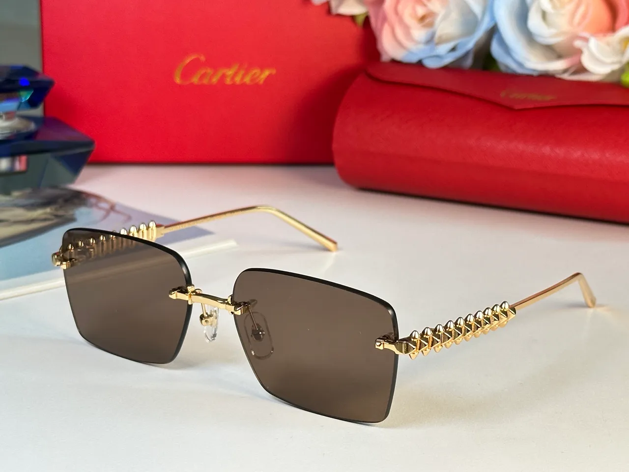 Brown Gold Rimless Square Silhouette Gradient Lenses Sunglasses 5