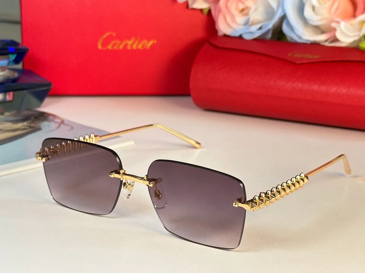 Brown Gold Rimless Square Silhouette Gradient Lenses Sunglasses 6