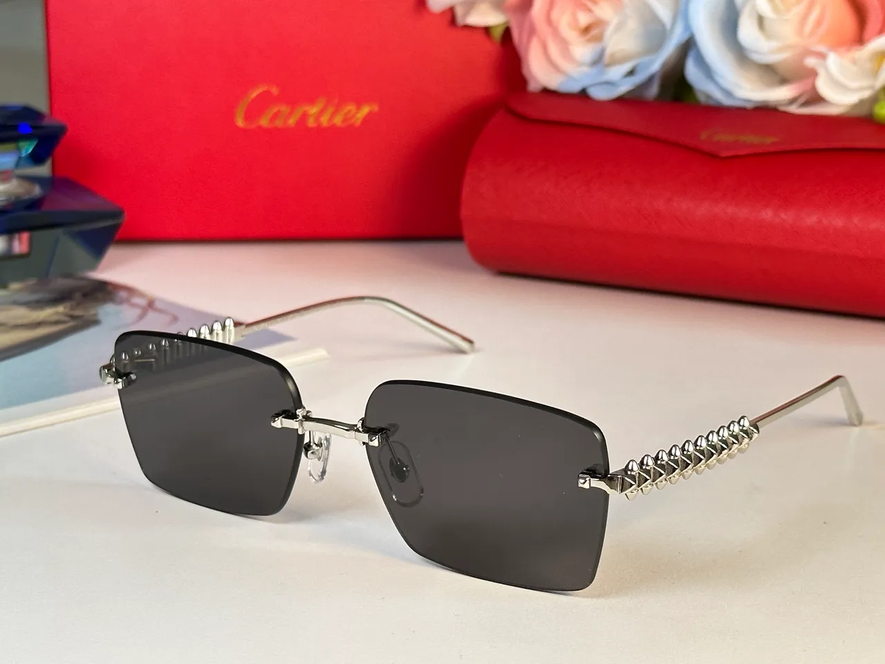 Brown Gold Rimless Square Silhouette Gradient Lenses Sunglasses 7