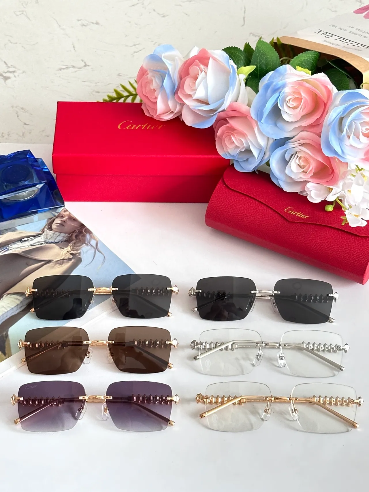 Brown Gold Rimless Square Silhouette Gradient Lenses Sunglasses 9