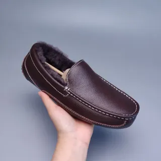 Brown Pebbled Leather Shearling-Lined Moc-Toe Loafers