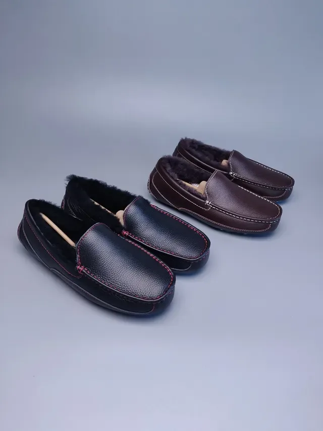 Brown Pebbled Leather Shearling-Lined Moc-Toe Loafers 2