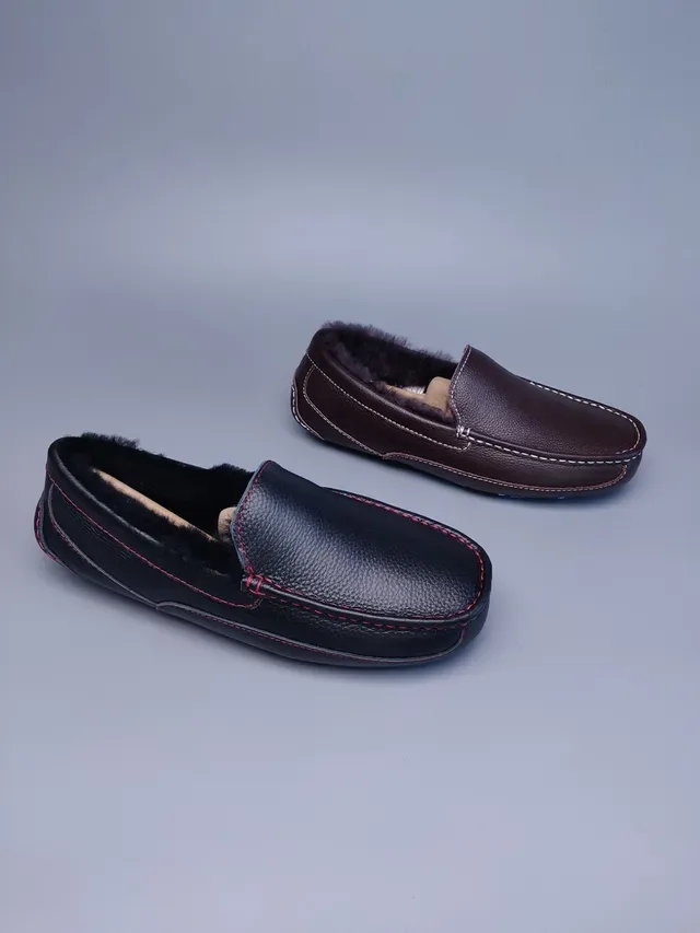 Brown Pebbled Leather Shearling-Lined Moc-Toe Loafers 4