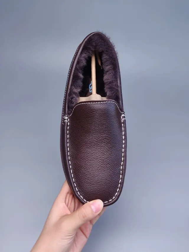 Brown Pebbled Leather Shearling-Lined Moc-Toe Loafers 7