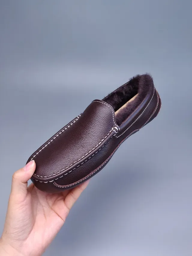 Brown Pebbled Leather Shearling-Lined Moc-Toe Loafers 8