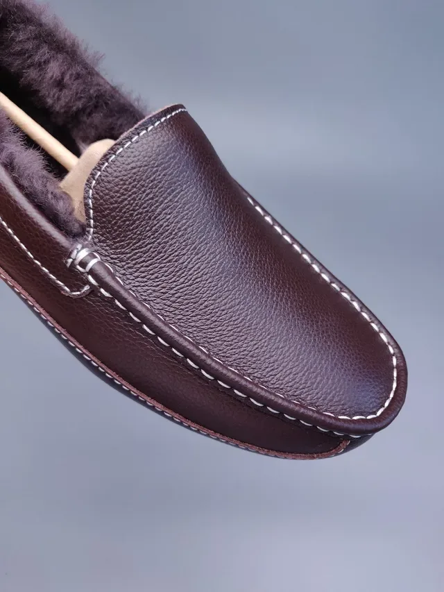 Brown Pebbled Leather Shearling-Lined Moc-Toe Loafers 11