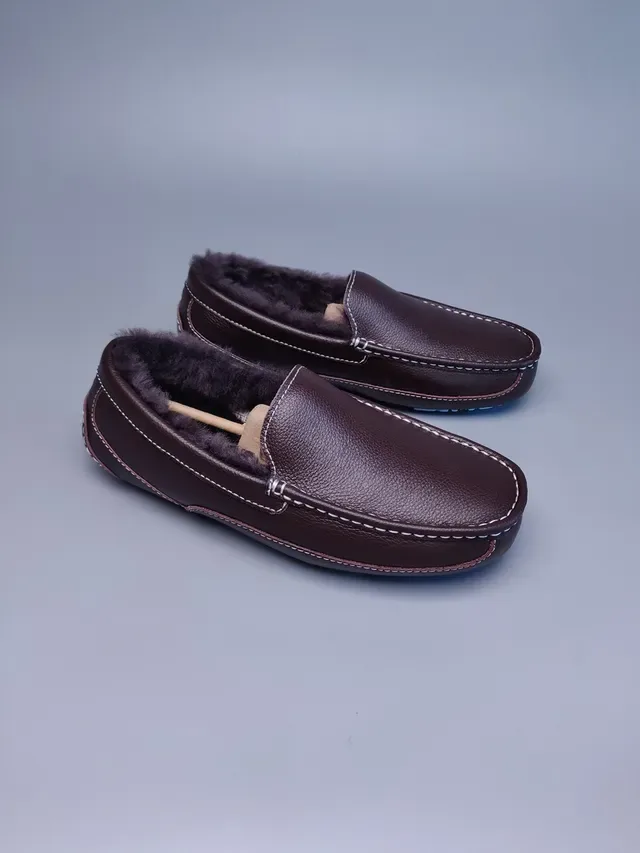 Brown Pebbled Leather Shearling-Lined Moc-Toe Loafers 12