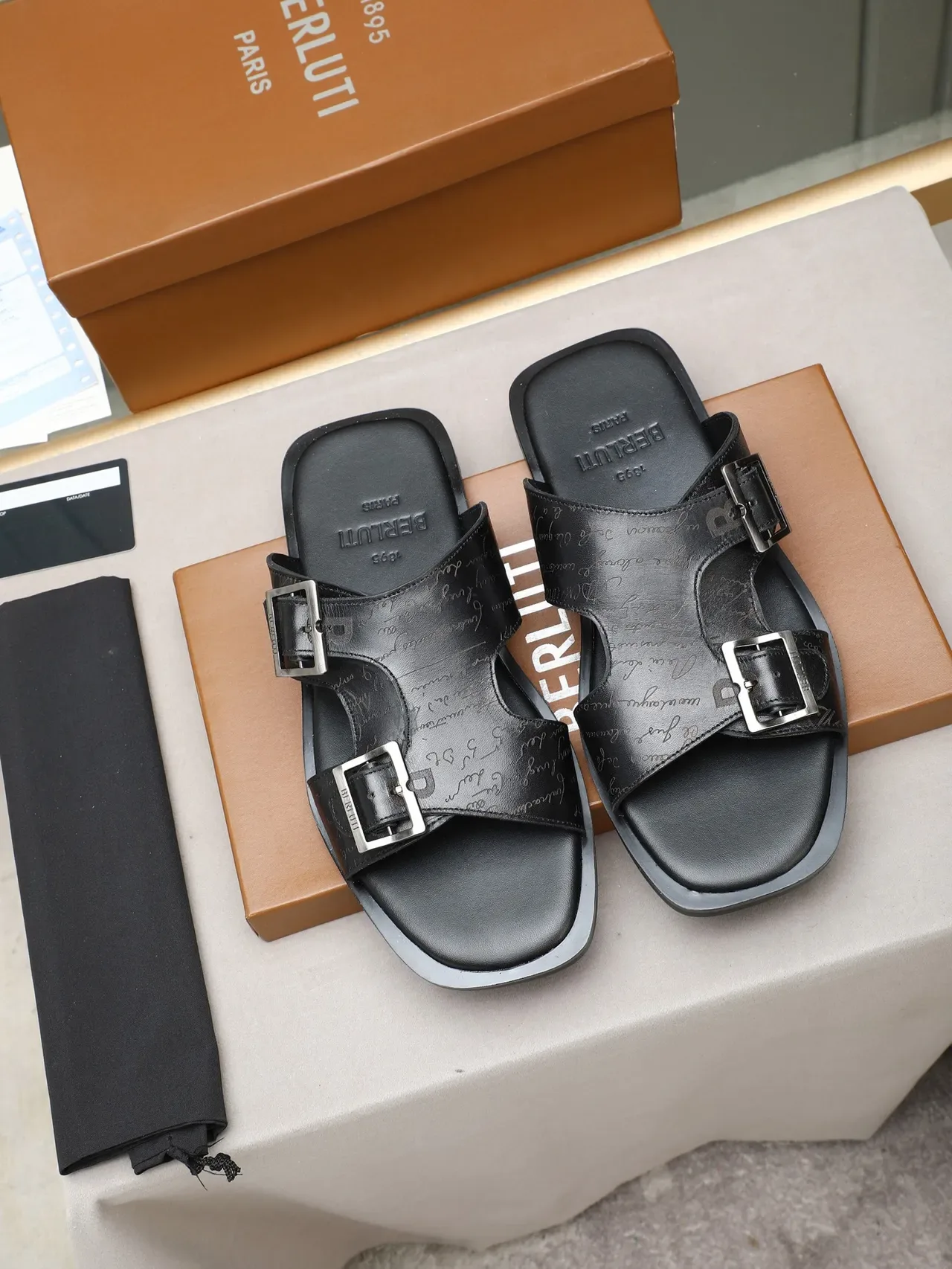 Brown Script-Print Two-Strap Buckle Slide Slippers 4
