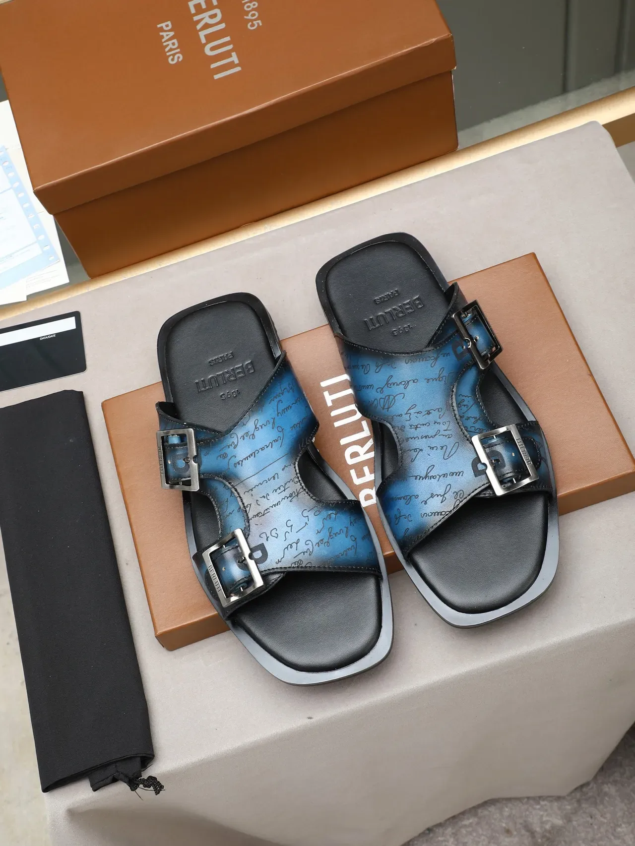 Brown Script-Print Two-Strap Buckle Slide Slippers 5