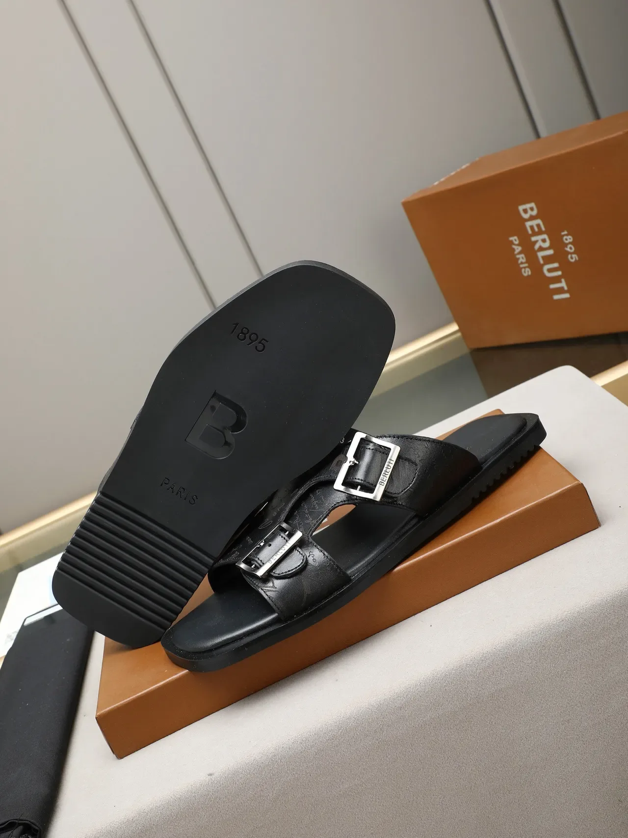 Brown Script-Print Two-Strap Buckle Slide Slippers 7