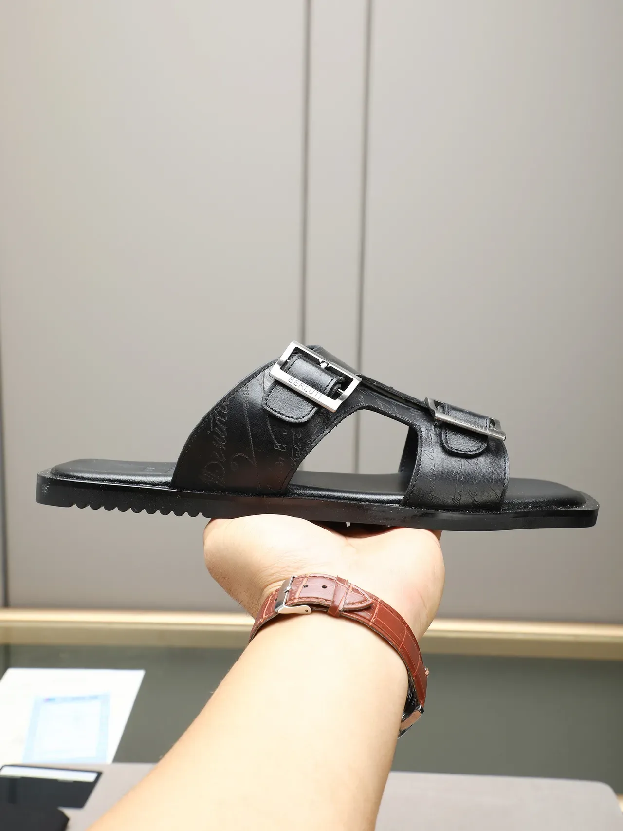 Brown Script-Print Two-Strap Buckle Slide Slippers 10