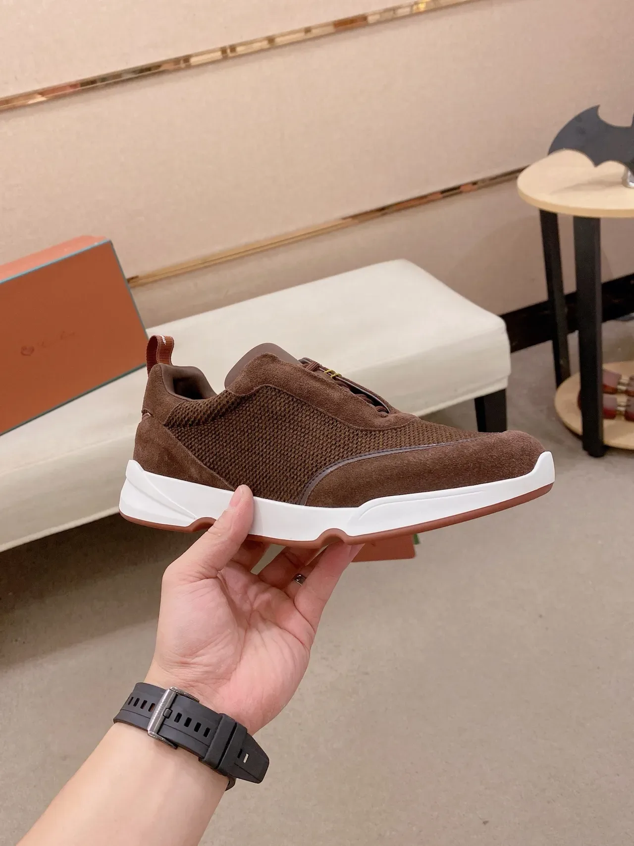 Brown Suede and Knit Mesh Laceless Slip-On Sneaker 5