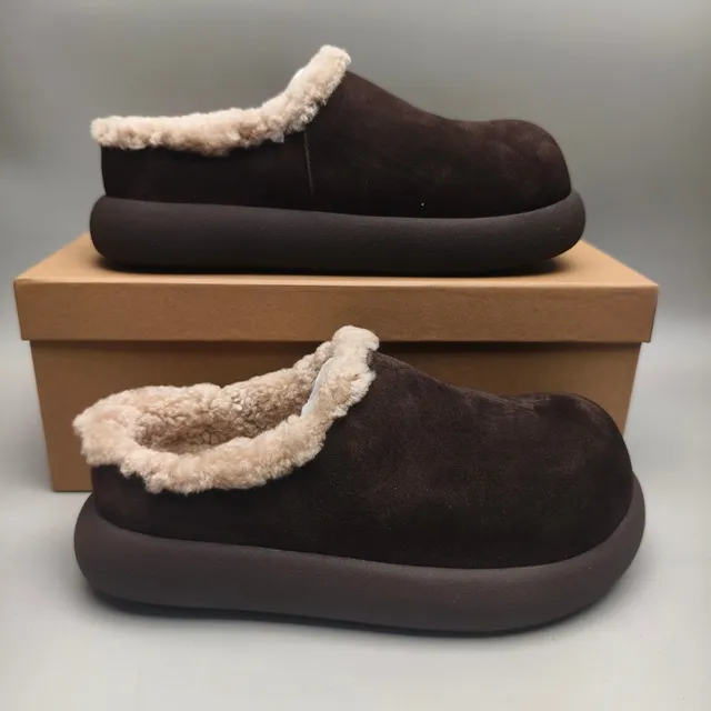 Brown Suede Shearling-Lined Chunky Sole Slippers 5