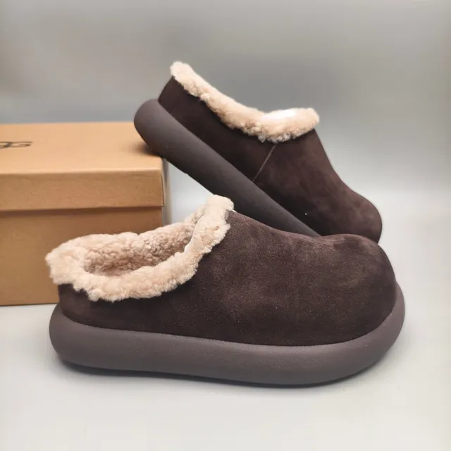Brown Suede Shearling-Lined Chunky Sole Slippers 6