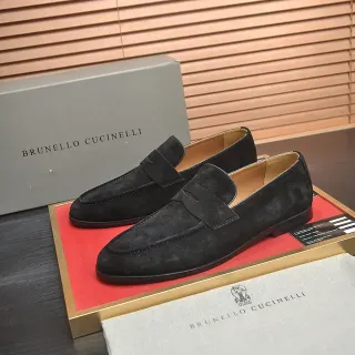 Brunello Cucinelli Black Beige Suede Penny Strap Loafer