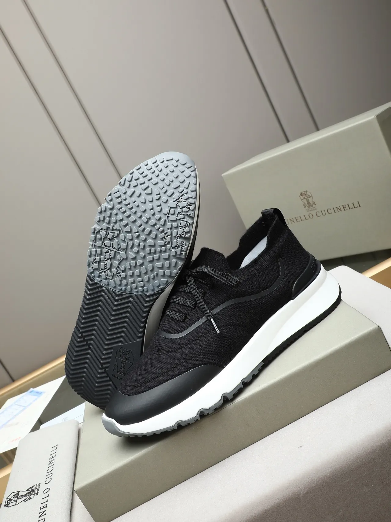 Brunello Cucinelli Knit Upper Black and White Lifestyle Sneaker 4
