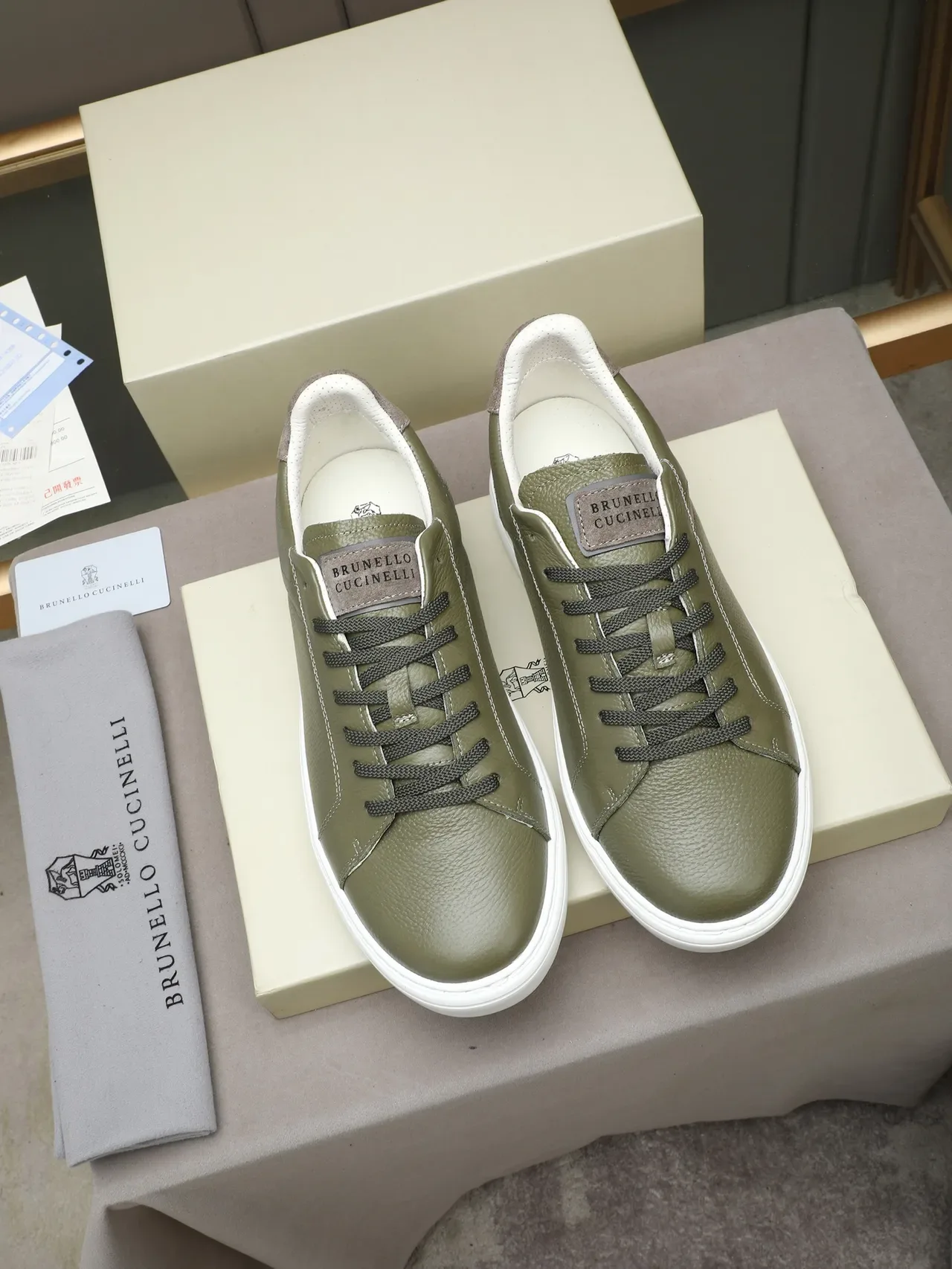 Brunello Cucinelli Olive Green Pebbled Leather Lifestyle Sneaker 2