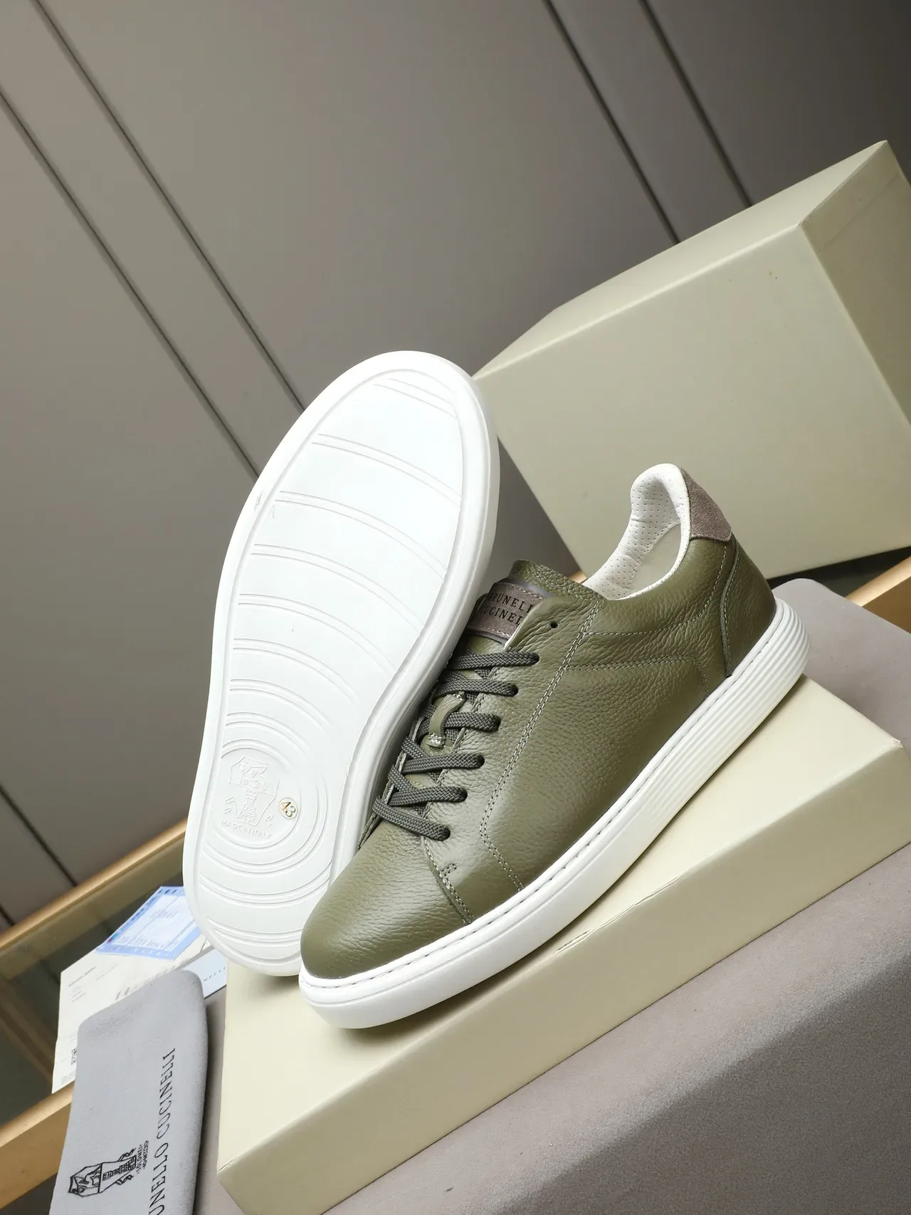 Brunello Cucinelli Olive Green Pebbled Leather Lifestyle Sneaker 4