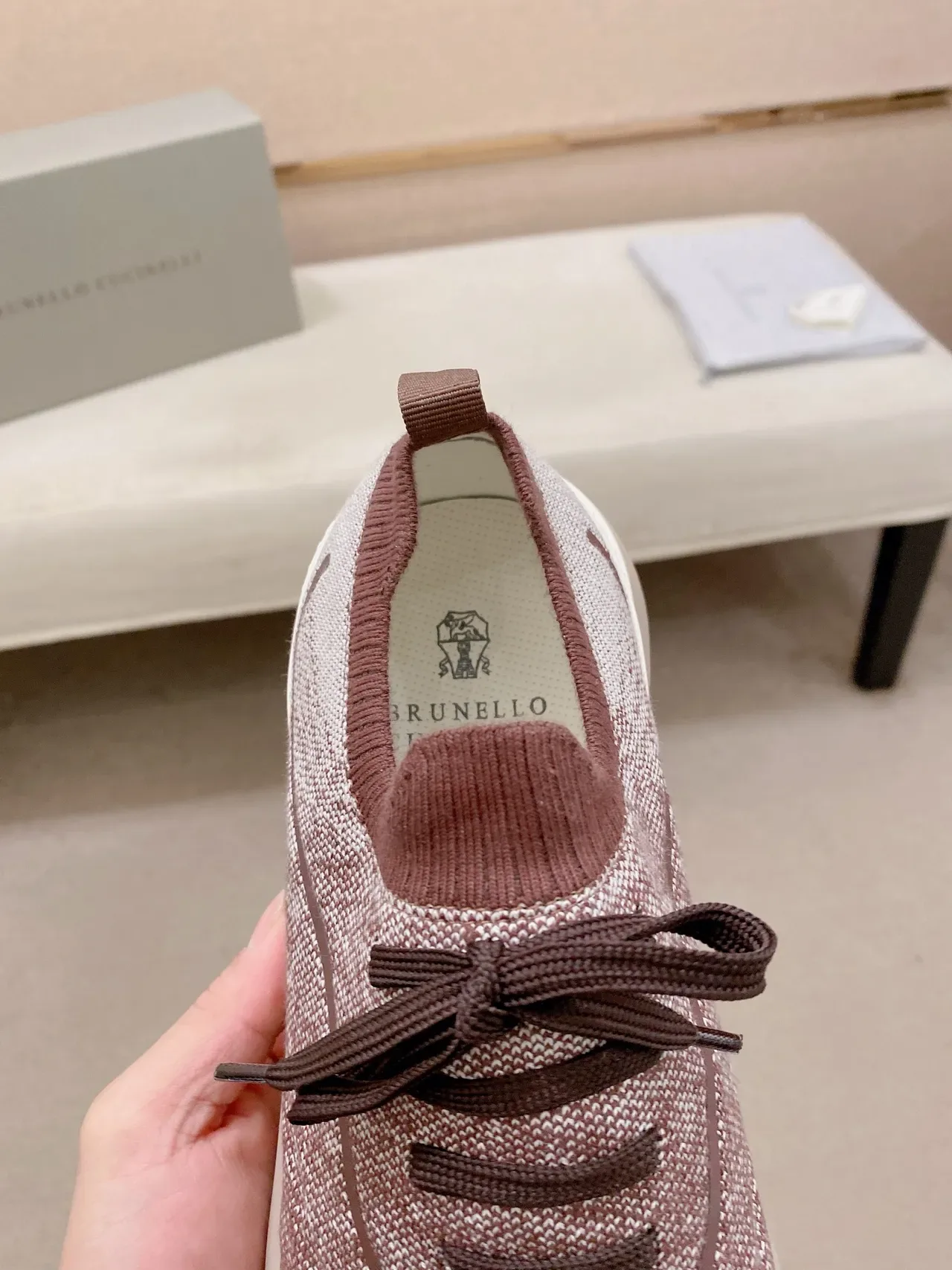 Burgundy Brown Knit Upper Rubber Toe Cap Sneakers 4
