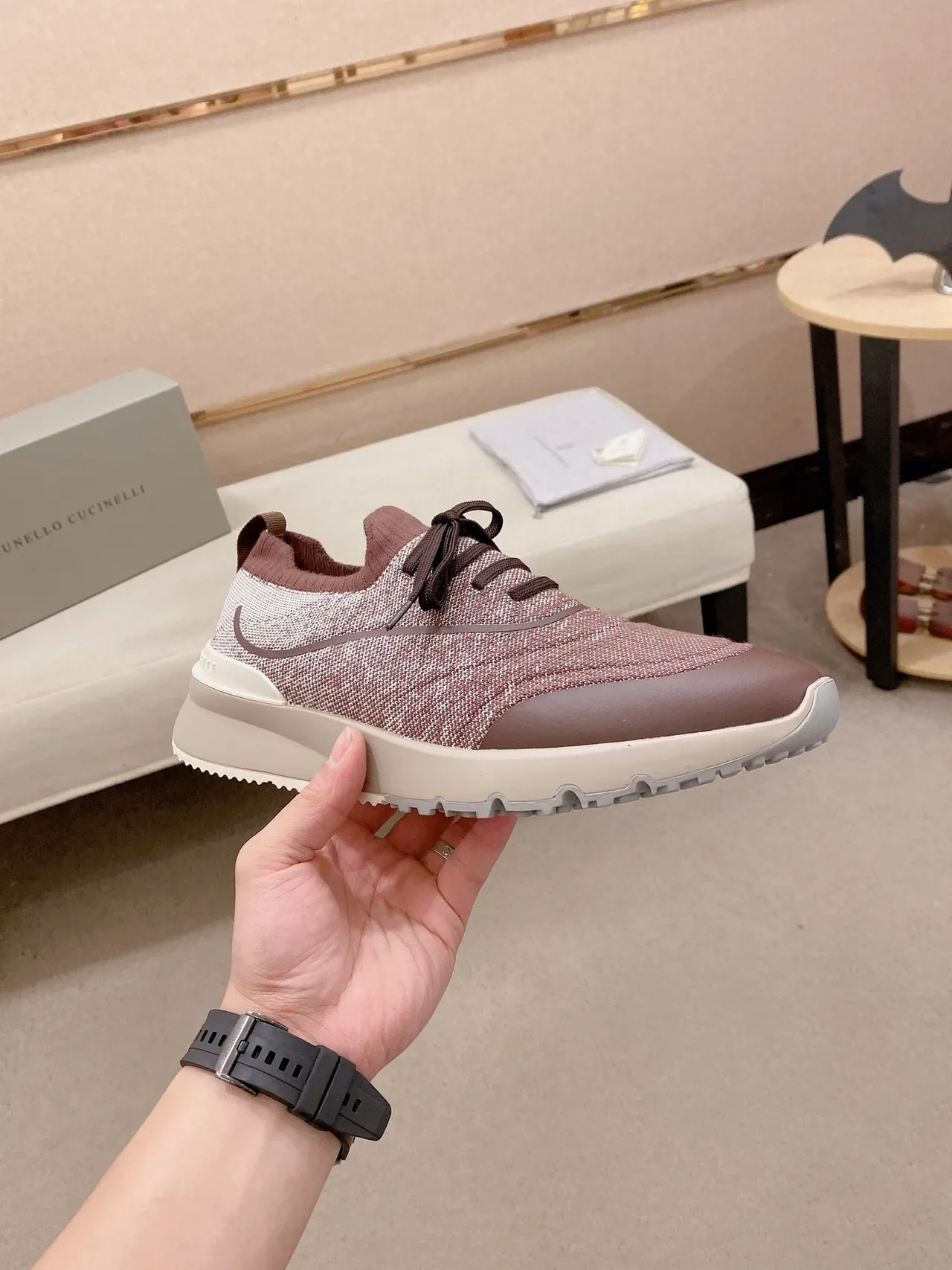 Burgundy Brown Knit Upper Rubber Toe Cap Sneakers 5
