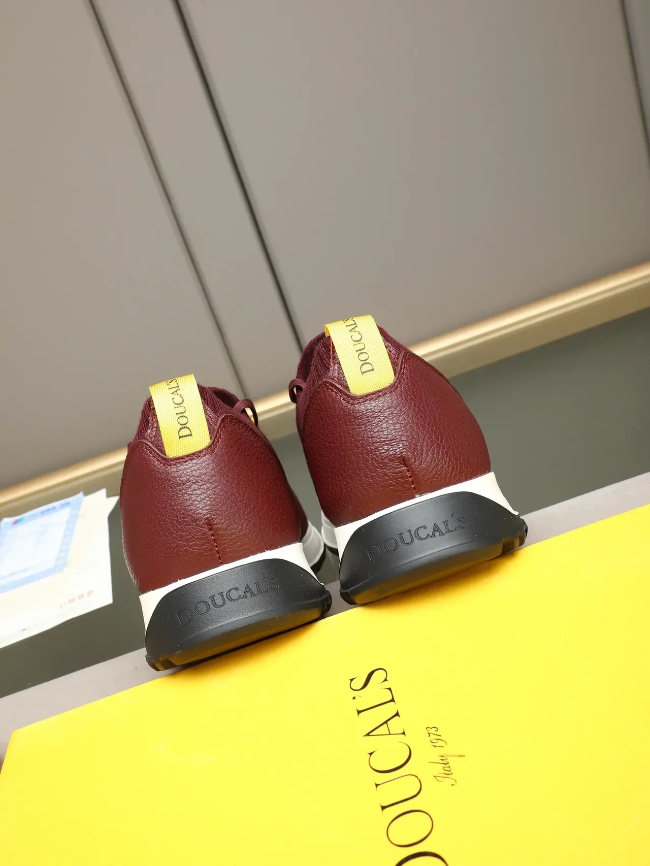 Burgundy Yellow Knit Upper Leather Heel Panel Sneakers 3