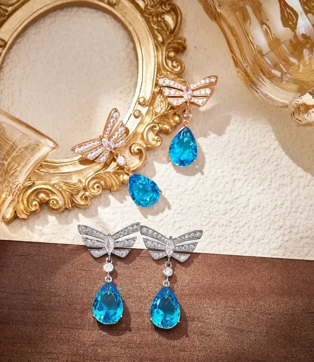 Butterfly Wing Pavé Crystal Teardrop Blue Stone Earrings 2