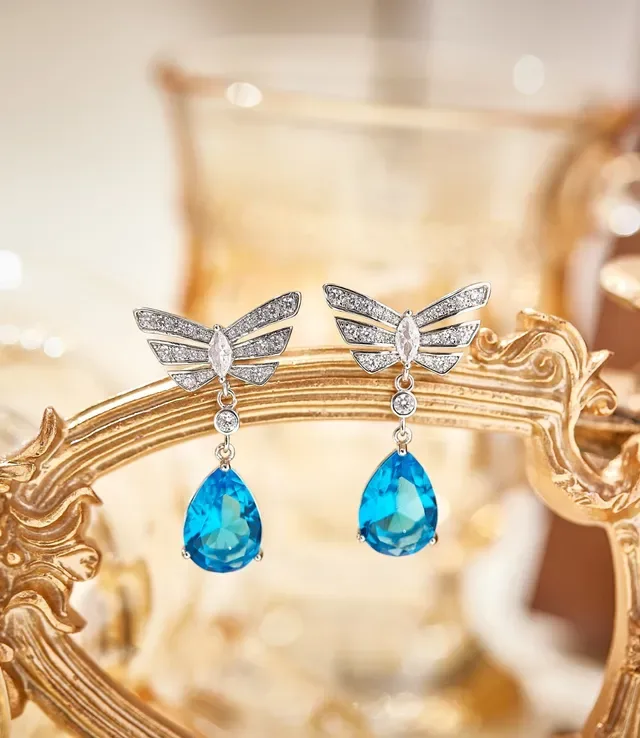 Butterfly Wing Pavé Crystal Teardrop Blue Stone Earrings 4