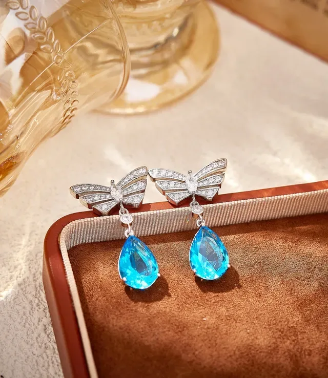 Butterfly Wing Pavé Crystal Teardrop Blue Stone Earrings 6