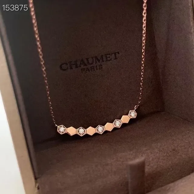 CHAUMET Gold Silver Hexagonal-Link Bar Pendant Pavé-Set Stones Necklace 2