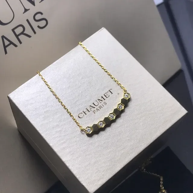 CHAUMET Gold Silver Hexagonal-Link Bar Pendant Pavé-Set Stones Necklace 5