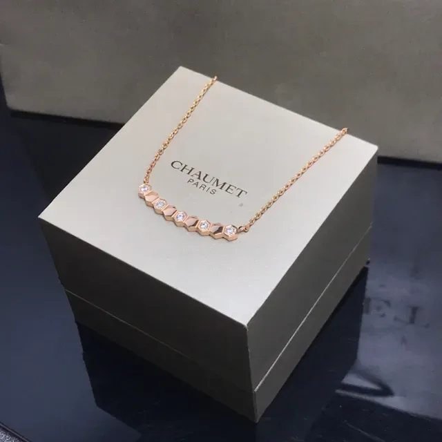 CHAUMET Gold Silver Hexagonal-Link Bar Pendant Pavé-Set Stones Necklace 6