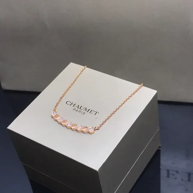 CHAUMET Gold Silver Hexagonal-Link Bar Pendant Pavé-Set Stones Necklace 7