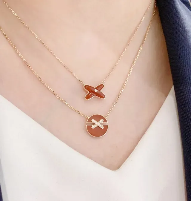 CHAUMET Red Enamel X-Shaped Pendant Necklace 7
