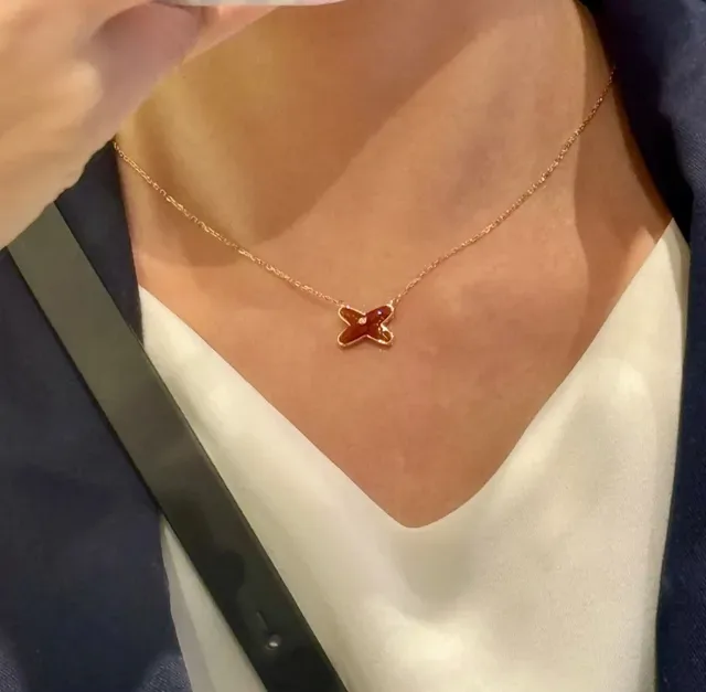 CHAUMET Red Enamel X-Shaped Pendant Necklace 8